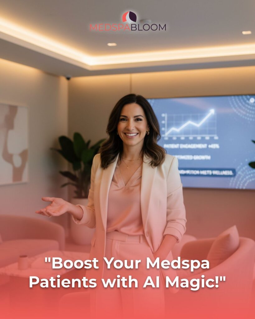 Professional woman in a pale pink suit speaks in a modern Medspa Bloom office, with a data dashboard on a screen in the background.