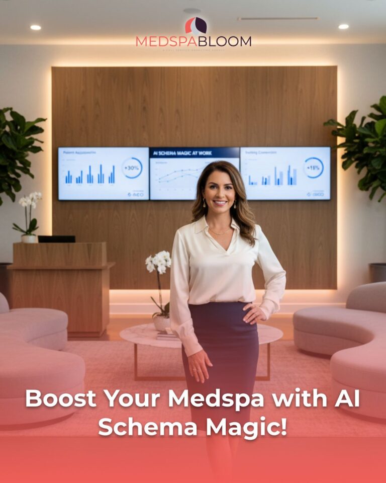 Promotional banner in a Medspa lobby: smiling woman standing in front of screens with the message 'Boost Your Medspa with AI Schema Magic!'