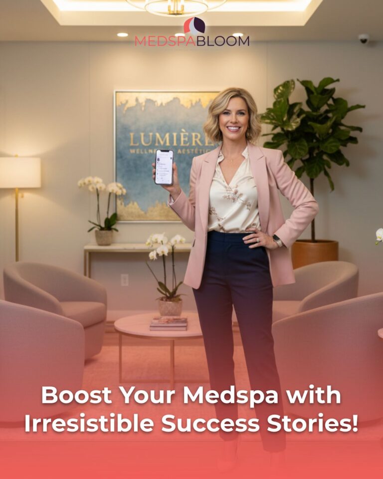 Smiling woman in a pink blazer stands in a chic medspa lobby, holding up a smartphone; MedSpa Bloom logo above it.