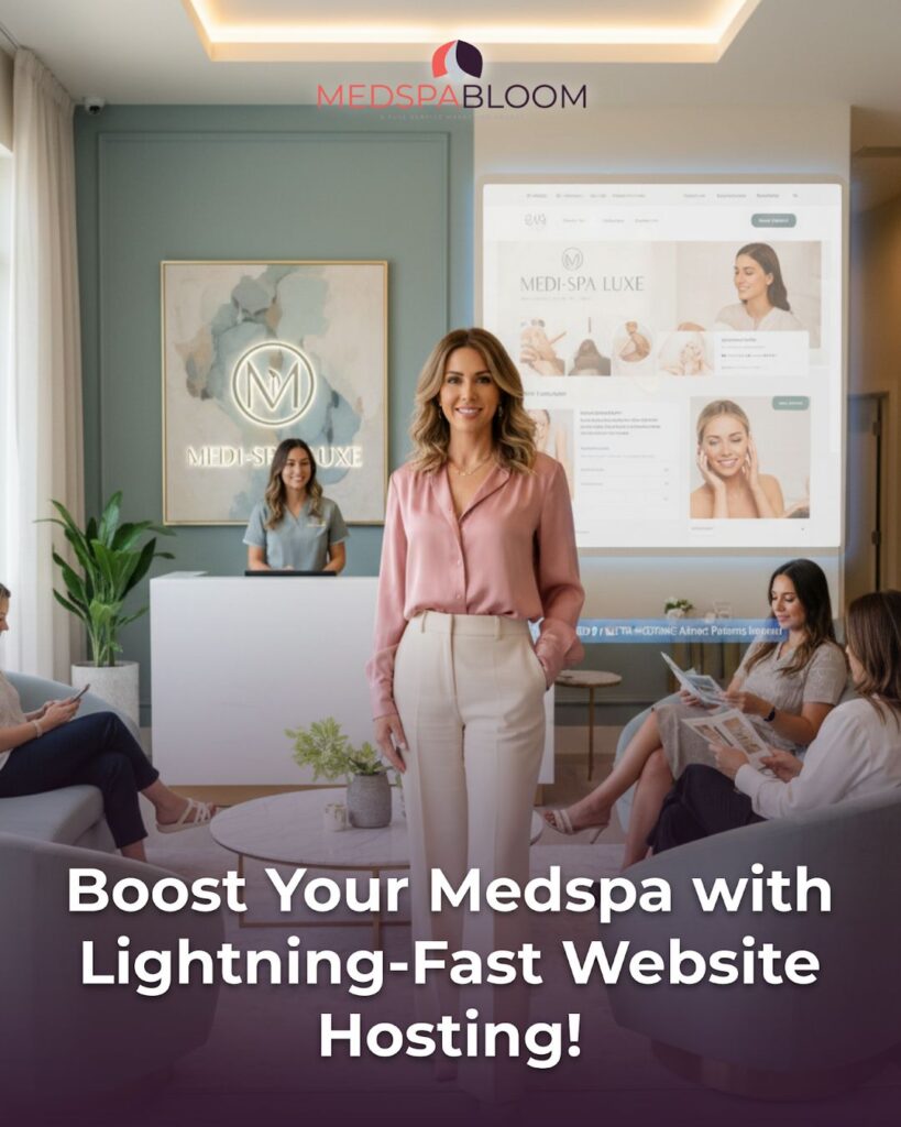 Smiling woman in a pink blouse stands in a MedSpa Luxe reception as a large screen shows a website mockup nearby.