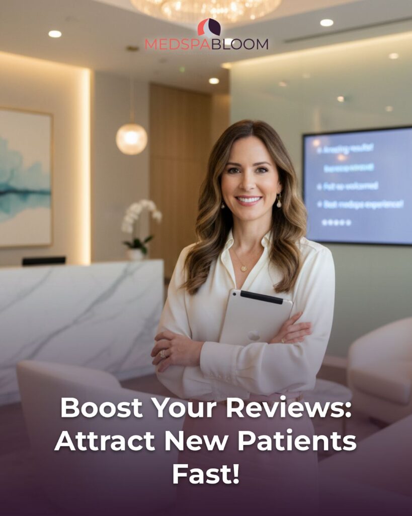 Smiling woman in a white blouse stands in a modern medical spa reception, holding a tablet; MEDSPA BLOOM logo above and the overlay text: 'Boost Your Reviews: Attract New Patients Fast!'