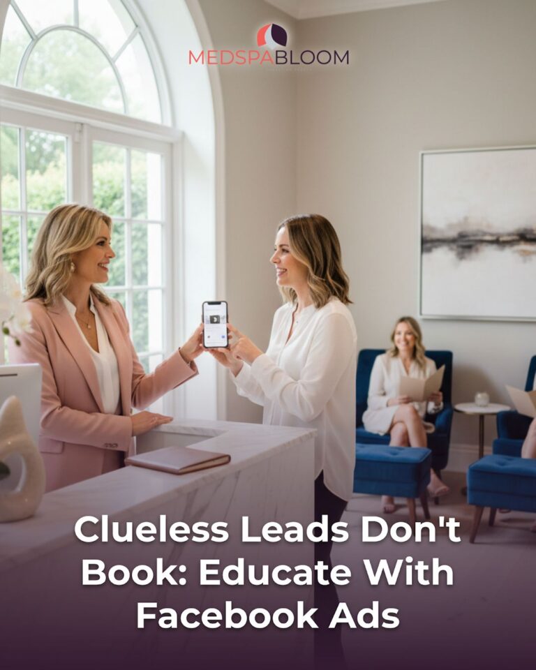 Two women at a bright reception exchange a smartphone, with MEDSPABLOOM logo overhead and the article title about educating leads with Facebook ads.