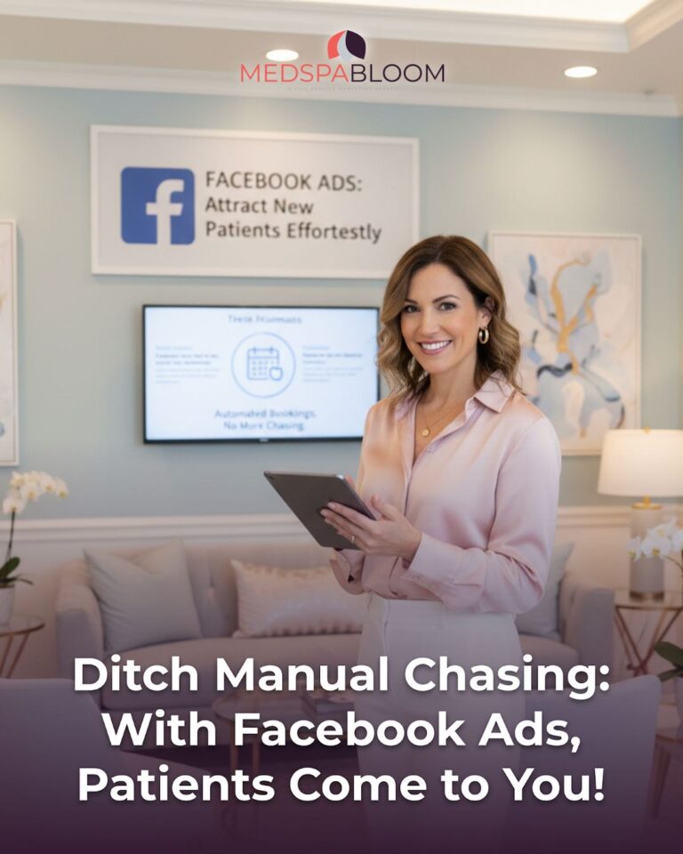 Smiling professional in a modern spa lobby holds a tablet, with a Facebook Ads sign in the background.