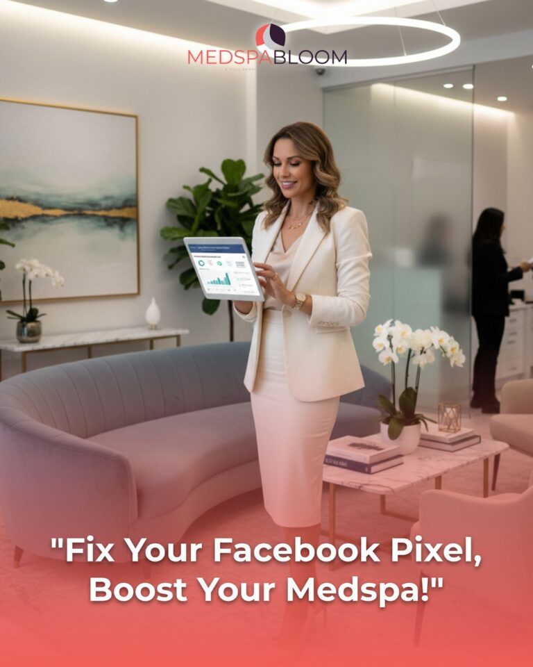 A businesswoman in a white suit stands in a modern reception area, holding a tablet with charts; MedSpaBloom logo above. Caption reads: 'Fix Your Facebook Pixel, Boost Your Medspa!'