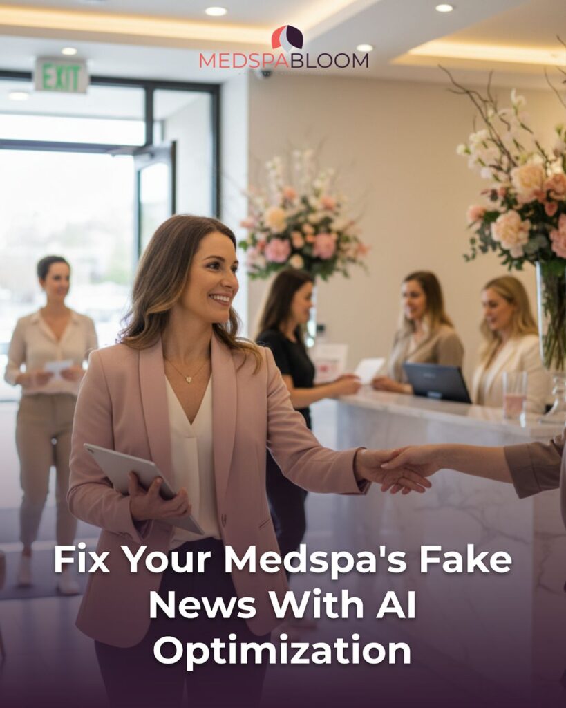 Professional woman in a blush blazer shakes hands with a client at a reception desk, with Medspa Bloom branding and floral arrangements in the background.