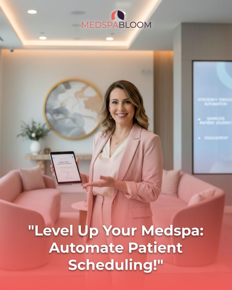 Professional woman in a pink suit holds a tablet in a modern medspa lobby with MedSpaBloom branding.