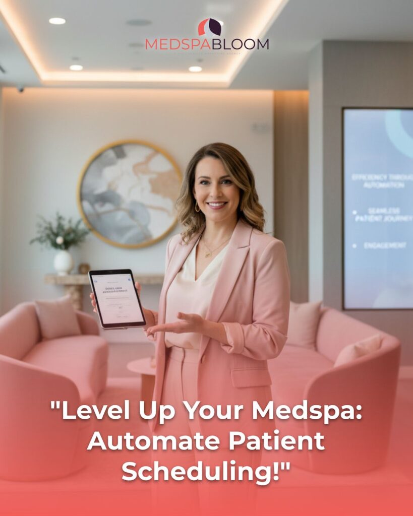 Professional woman in a pink suit holds a tablet in a modern medspa lobby with MedSpaBloom branding.