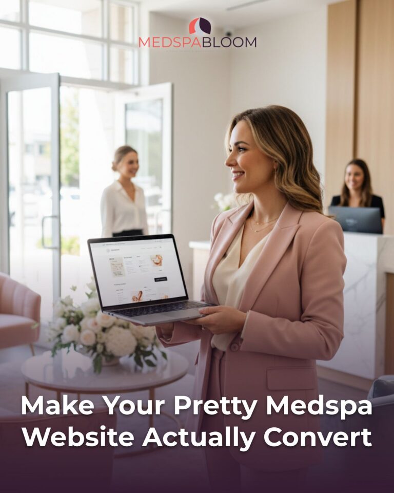 Woman in a pink blazer holding an open laptop in a bright spa reception, with the MedSpaBloom logo overhead and staff in the background.