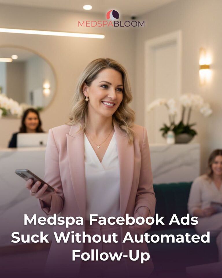 Smiling businesswoman in a pink blazer at a spa reception; Medspa Bloom logo above; headline reads 'Medspa Facebook Ads Suck Without Automated Follow-Up'.