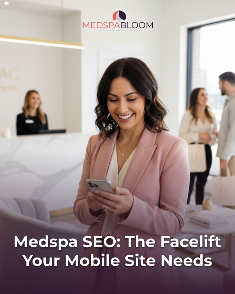 Smiling woman in a pink blazer uses a smartphone in a bright reception area with MedSpaBloom logo above and article title overlaid at the bottom.