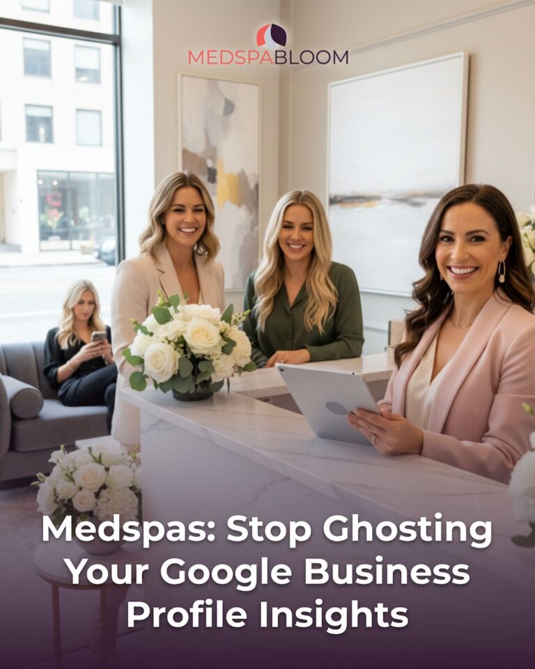 Three smiling women stand at a marble reception desk in a modern spa office with a MedSpaBloom logo above.