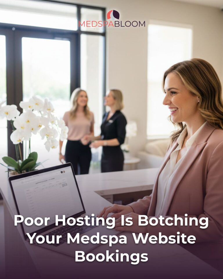 Smiling woman at a laptop in a bright reception area with a MedSpaBloom logo overhead.