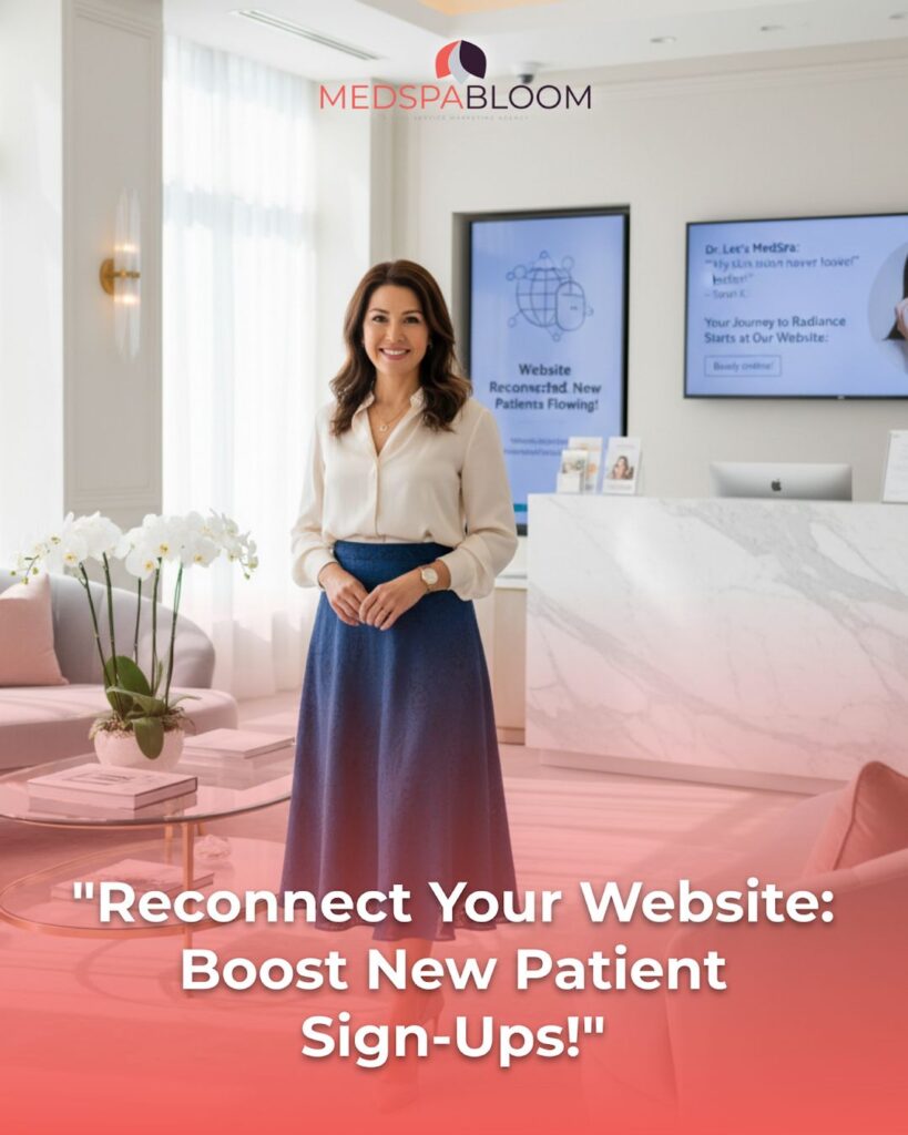 Smiling woman in a white blouse and blue skirt stands in a modern clinic reception with MEDSPA BLOOM logo overhead and a pink caption about boosting new patient sign-ups: 'Reconnect Your Website: Boost New Patient Sign-Ups!'