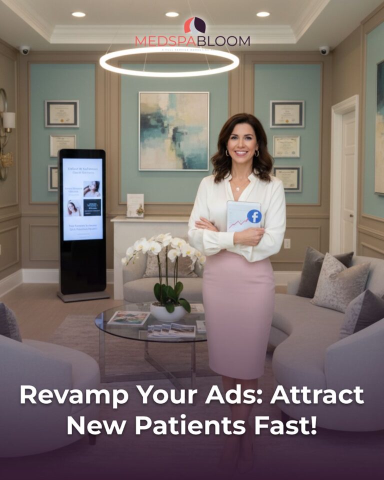 Marketing professional stands in a spa reception holding a clipboard, with the MedSpaBloom logo above and the headline 'Revamp Your Ads: Attract New Patients Fast!'