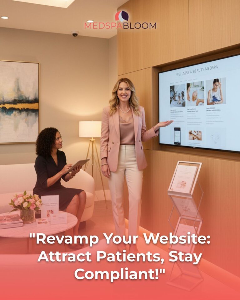 Two professionals in a modern med-spa lobby; one stands by a wall screen showing a wellness website while the other sits with a tablet, MedSpaBloom logo visible, and the overlay text about revamping a website.