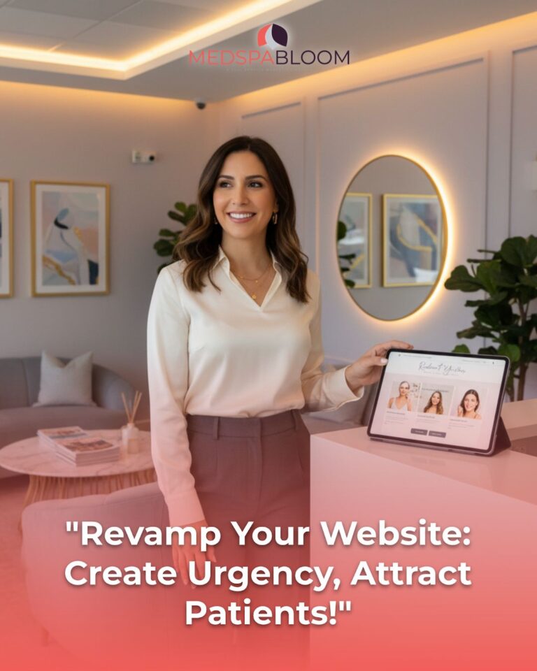 Smiling woman in a white blouse stands at a pink reception desk with a tablet displaying a website, MEDSPA BLOOM branding above.