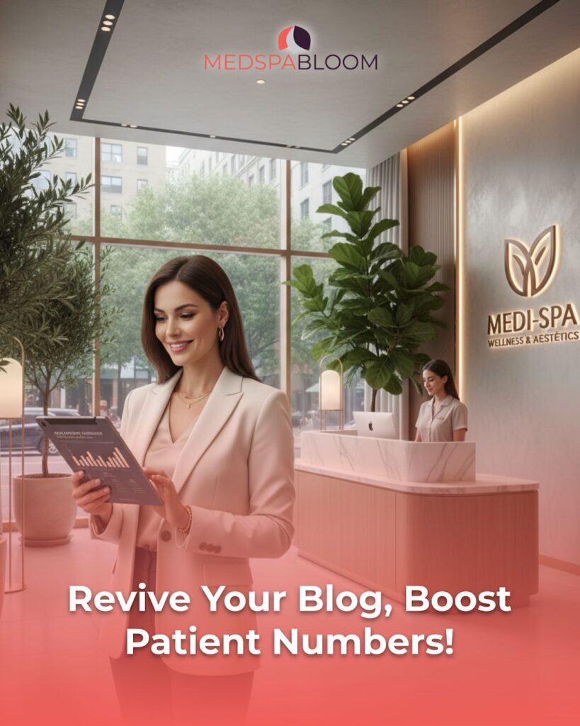 Reception lobby of Medi-Spa Bloom with a smiling woman in a light pink blazer reading a brochure, logo visible above.