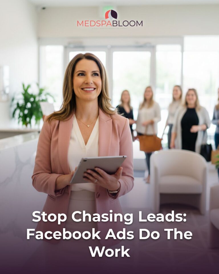 Professional woman in a pink blazer holds a tablet in a bright lobby with a MedSpa Bloom logo; group of colleagues in background. The scene supports a piece on Facebook ads doing the work.