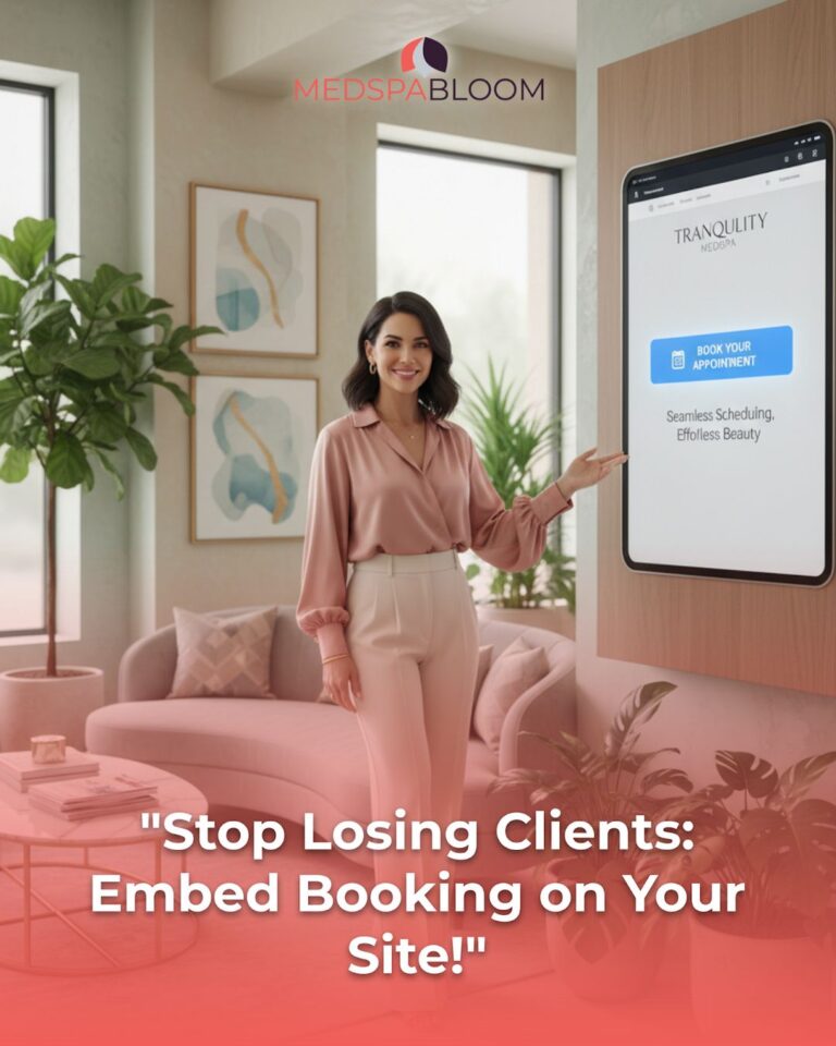 Woman in a pink blouse stands by a large digital screen in a modern lounge, promoting online appointment booking for MedSpa Bloom.