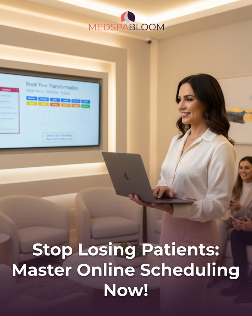 Professional woman presenter with a laptop in a modern conference area; a large screen displays a scheduling interface with MEDSPA BLOOM branding in the background, and promotional text overlaid on the image.