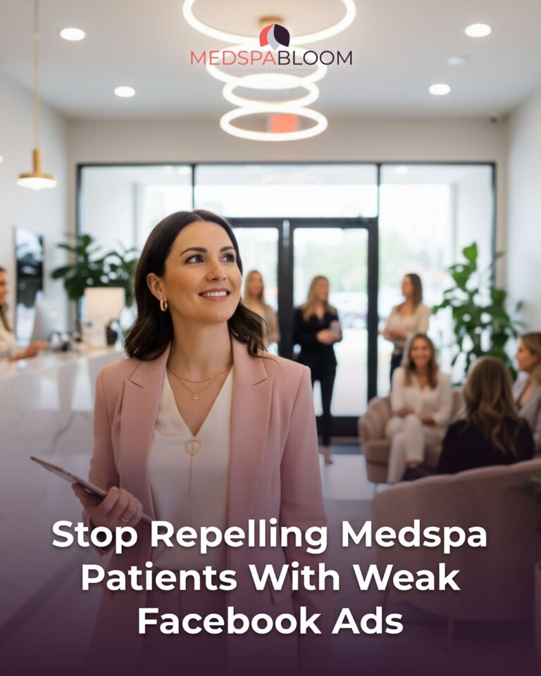 Professional woman in a pink blazer in a bright lobby with the MedSpa Bloom logo overhead and the headline 'Stop Repelling Medspa Patients With Weak Facebook Ads' at the bottom.