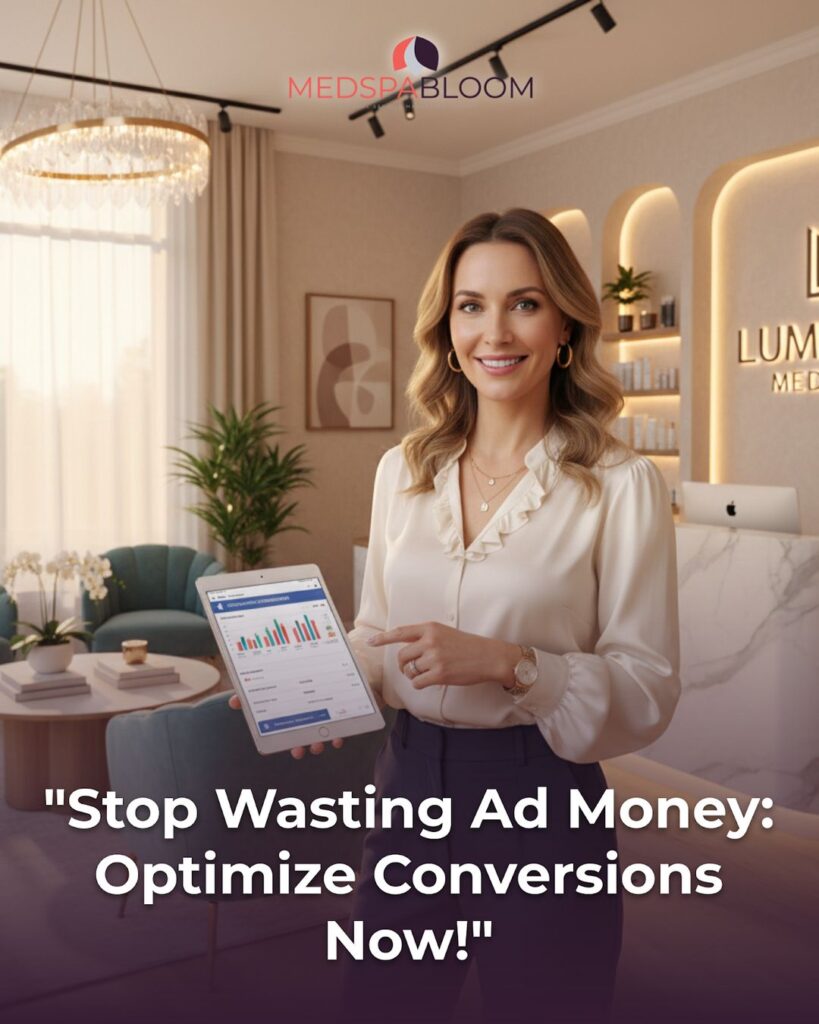 Professional woman in a modern spa lobby holds a tablet showing charts; large caption reads 'Stop Wasting Ad Money: Optimize Conversions Now!' at the bottom. The MEDSPA BLOOM logo is visible above.