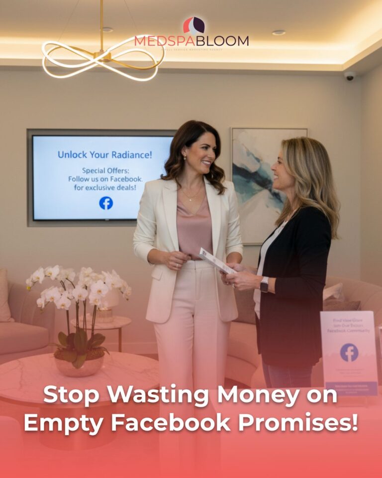 Two professional women in a modern office exchange a document, with a screen behind them reading 'Unlock Your Radiance!' and a MedsBloom logo above; large overlay text says 'Stop Wasting Money on Empty Facebook Promises!'