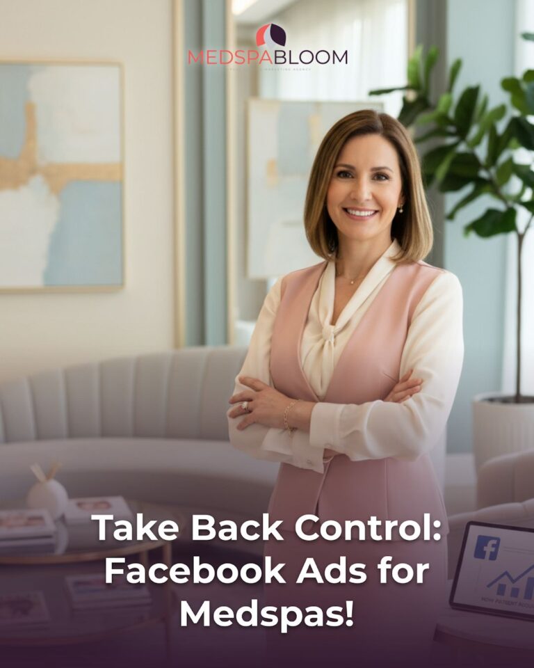 Professional woman in a pink vest stands in a bright office; MedSpaBloom logo above and the headline about Facebook ads for Medspas is visible.