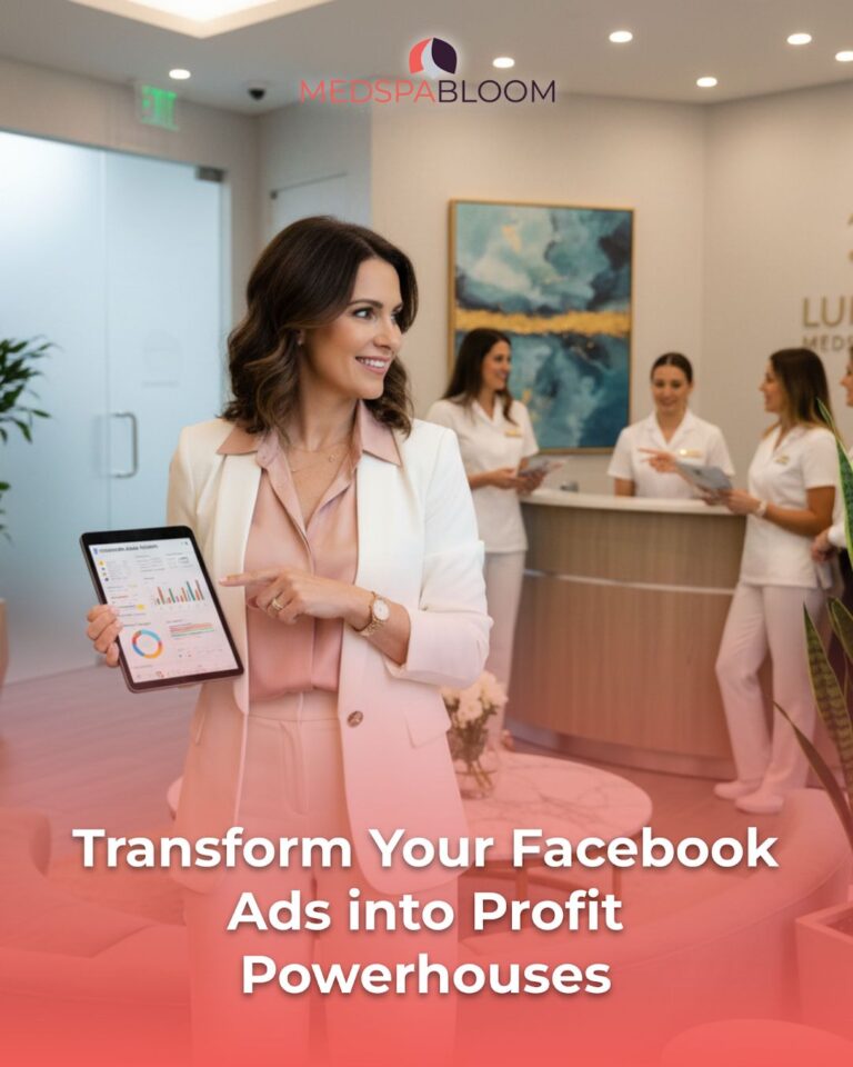 Professional woman in a pink suit points to a tablet showing charts at a med spa reception, with staff in white uniforms in the background.
