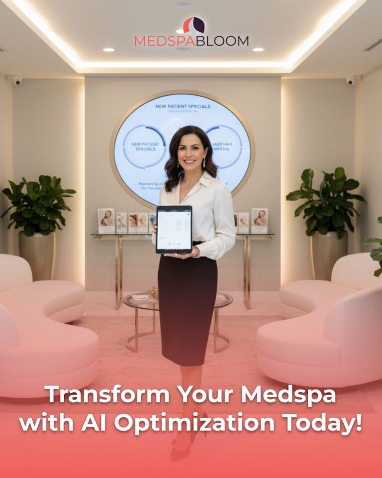 Professional woman standing in a modern MedSpa reception holding a tablet, logo 'MedSPA Bloom' visible in background, with seating and plants around.