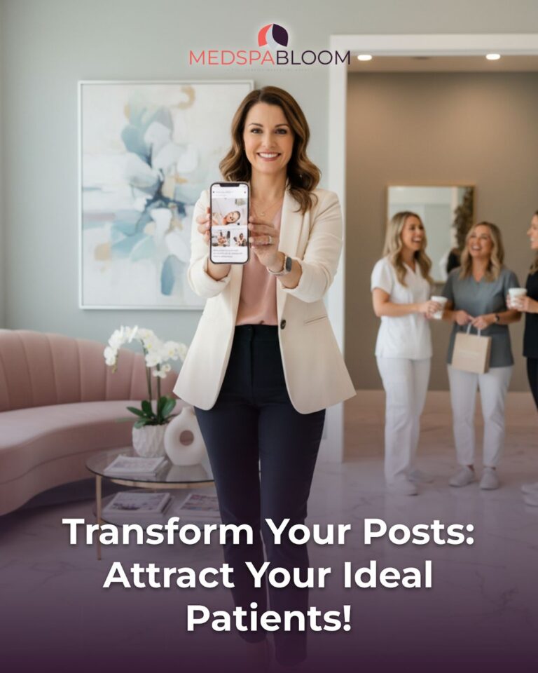 A smiling woman in a beige blazer holds up a smartphone showing a social post, in a spa lobby with colleagues in the background; MedSpaBloom logo above.
