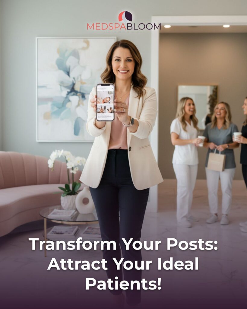 A smiling woman in a beige blazer holds up a smartphone showing a social post, in a spa lobby with colleagues in the background; MedSpaBloom logo above.
