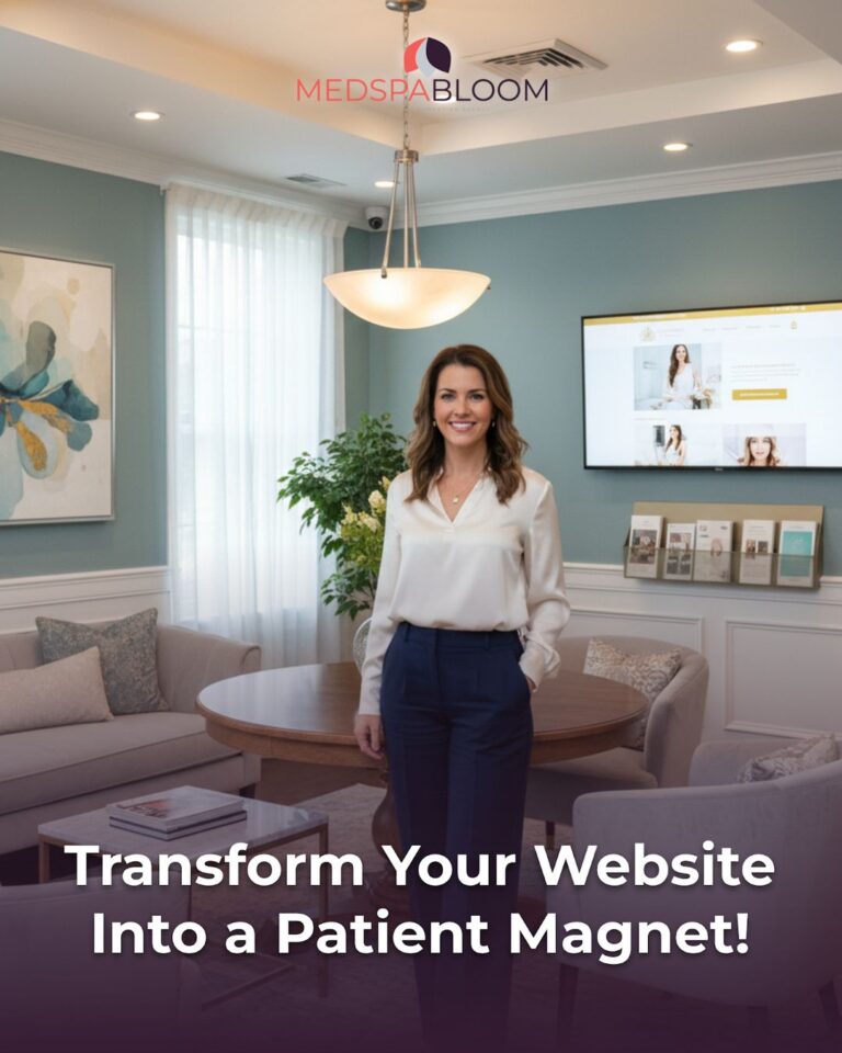 Professional woman stands in a modern clinic lobby with a round wood table, sofa, and a wall-mounted screen displaying a website; MEDSPA BLOOM logo above.