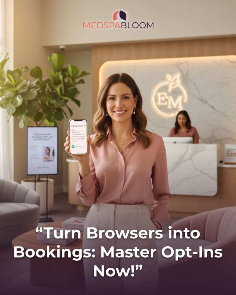Smiling woman in a pink blouse holds up a smartphone showing a message, standing in a modern med-spa reception with MEDSPA BLOOM branding behind her.