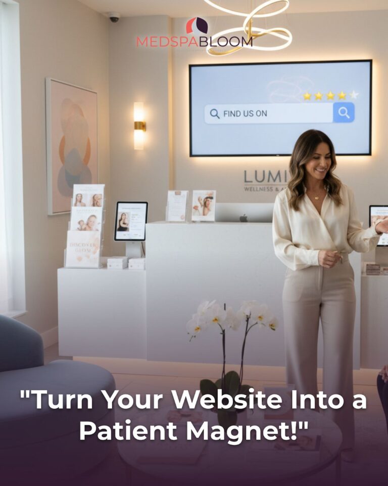 Reception lobby of a modern medical spa with a friendly woman in light beige outfit standing near a white counter; large screen and MedSpa Bloom logo visible, overlaid with the text 'Turn Your Website Into a Patient Magnet!'