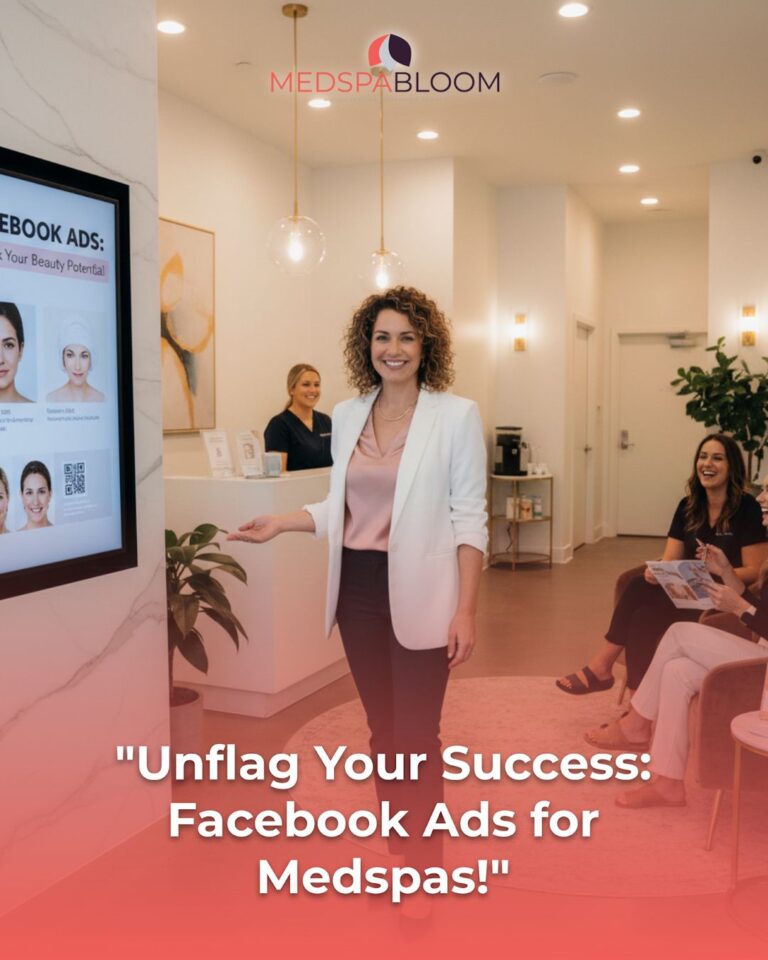 Presenter in a white blazer explains Facebook ads to waiting clients in a modern medspa lobby; MEDSPA BLOOM logo above.