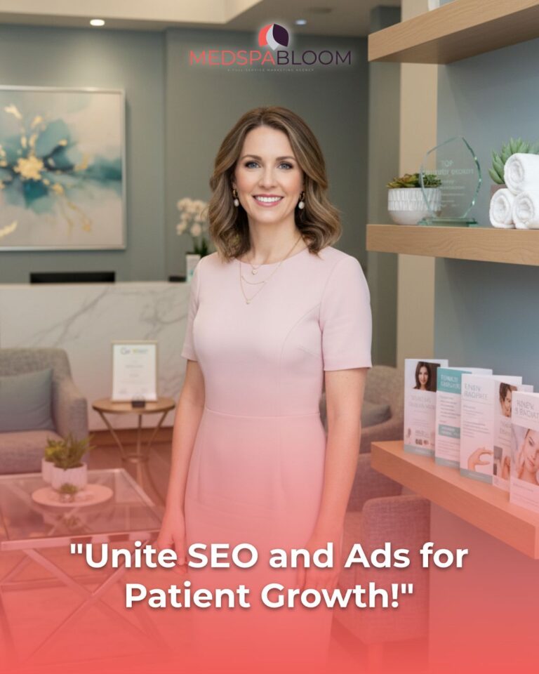 Professional woman in a light pink dress stands in a modern reception area with a MedSpa Bloom logo above, conveying a friendly clinic marketing vibe.