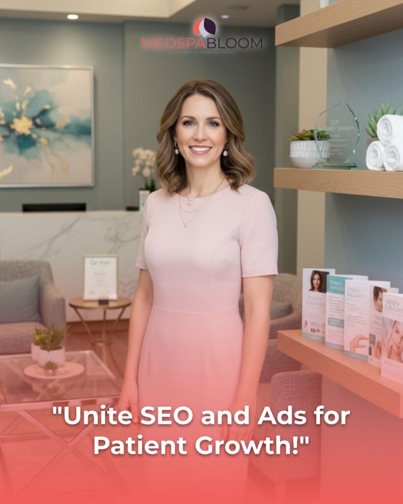 Professional woman in a light pink dress stands in a modern reception area with a MedSpa Bloom logo above, conveying a friendly clinic marketing vibe.
