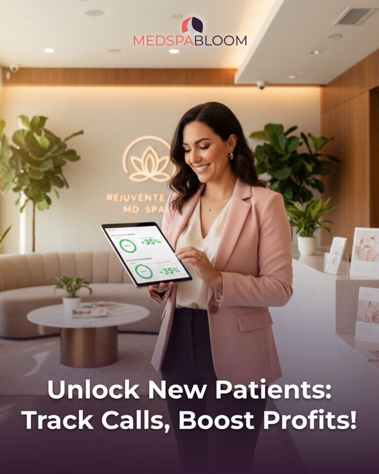 Professional woman in a pink blazer shows a tablet with charts in a spa reception, MEDSPA BLOOM logo above.