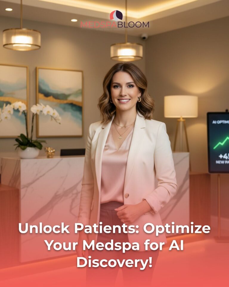 Promotional banner showing a smiling woman in a blush suit in a modern reception; text: 'Unlock Patients: Optimize Your Medspa for AI Discovery!'