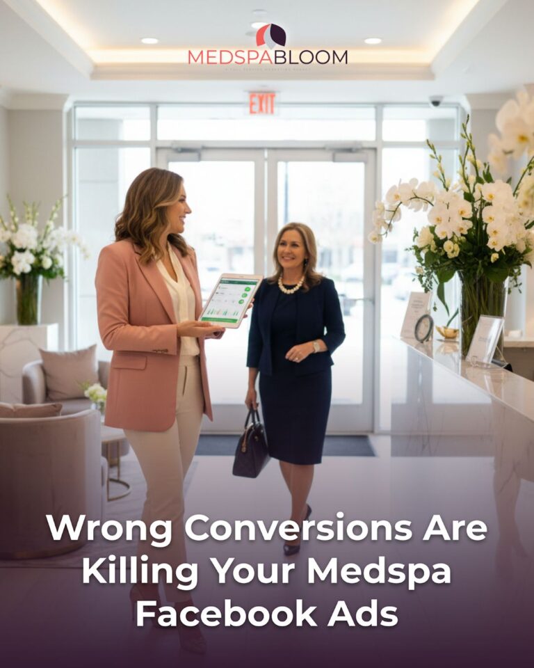 Two professional women chat in a bright lobby with a tablet, MedspaBloom logo above, and article headline about Medspa Facebook ads.