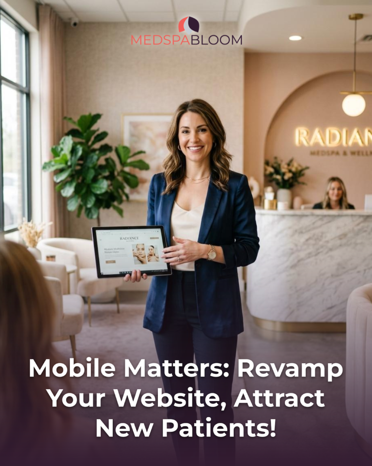 Smiling businesswoman in a navy blazer holds a tablet showing a website in a modern spa lobby with marble counter and MedSpa Bloom logo above.