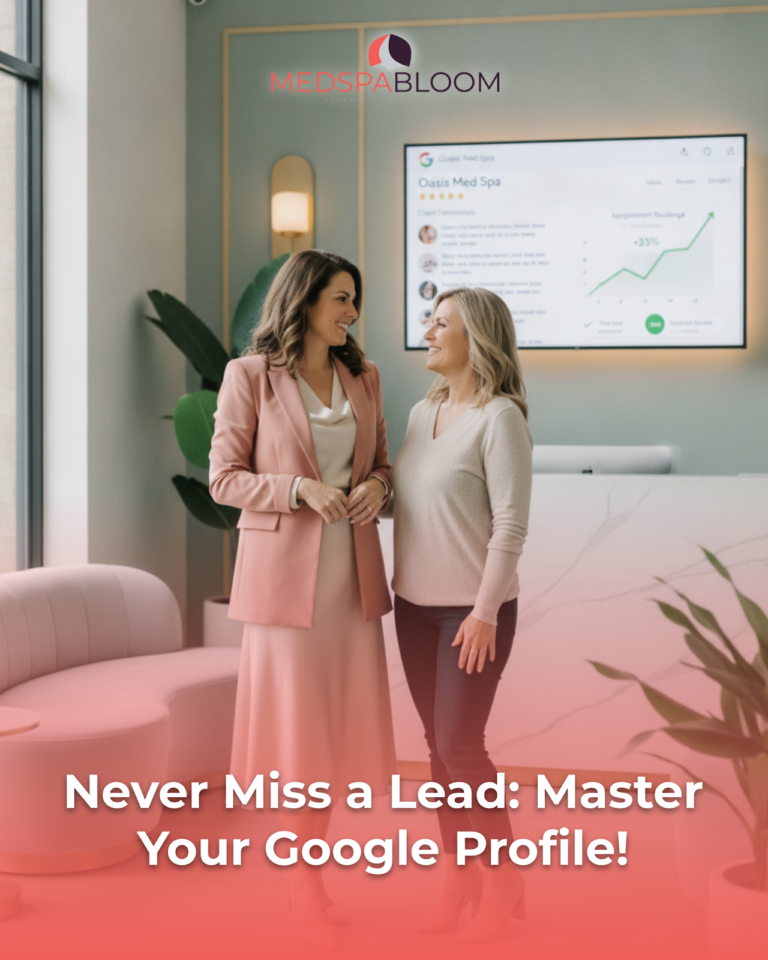 Two women stand in a modern reception area smiling, with a screen showing a Google profile dashboard; MEDSPABLOOM branding above and the pink-gradient headline reading 'Never Miss a Lead: Master Your Google Profile!'