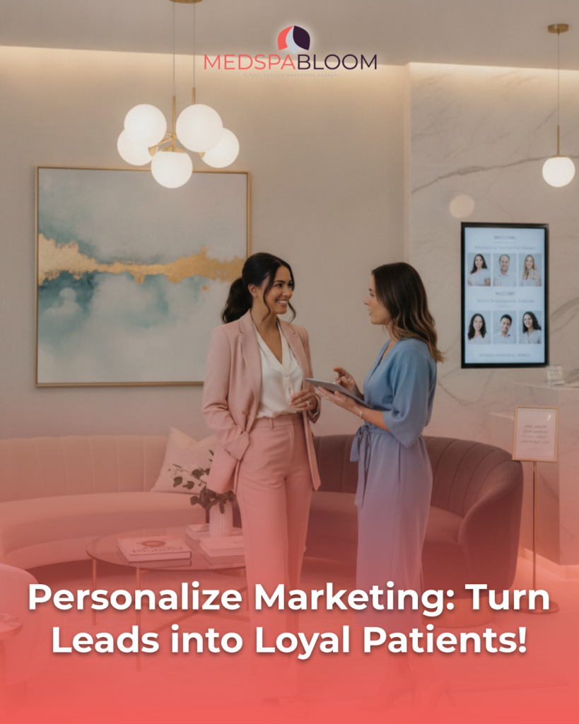 Two professionally dressed women chat in a chic spa lobby with a MedSpaBloom logo above them.
