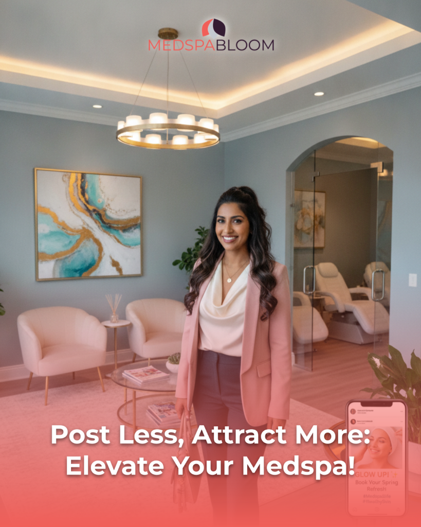 Smiling woman in a pink blazer in a modern medspa lobby, MedSpaBloom logo above and a pink gradient caption at the bottom.