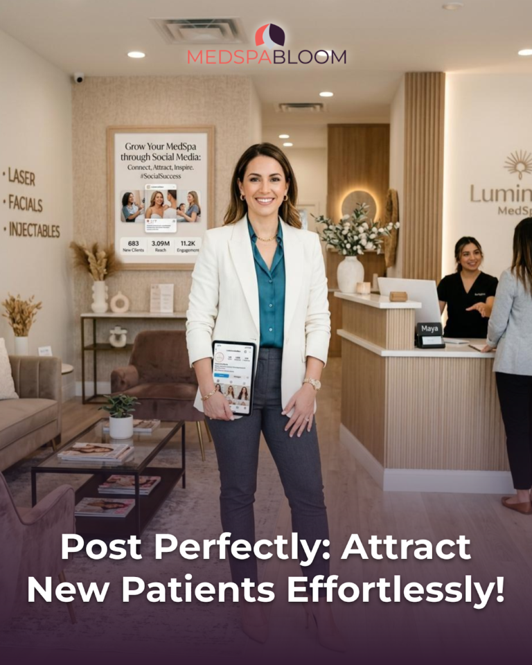 Professional woman in a white blazer stands in a welcoming med spa lobby, holding a tablet with branding visible above her.