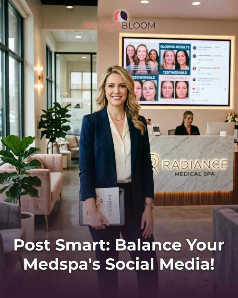 Professional woman in a navy blazer stands in a modern med spa lobby, holding a brochure, with a marble reception desk and a large screen displaying testimonials in the background.