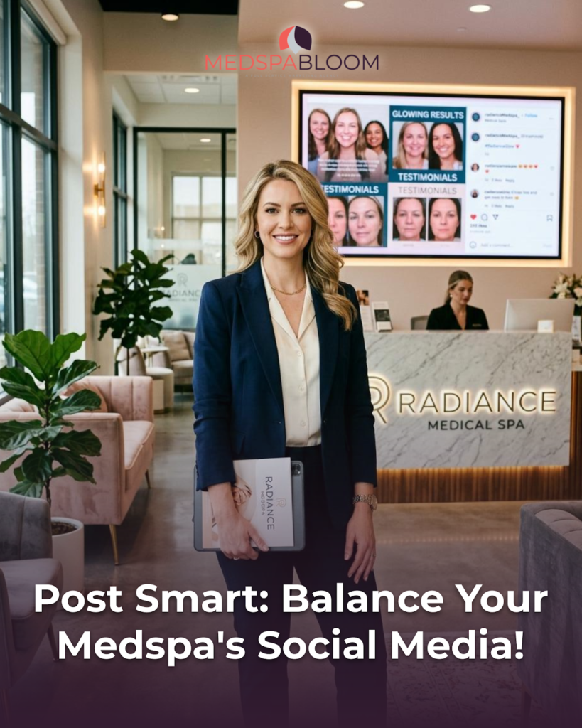 Professional woman in a navy blazer stands in a modern med spa lobby, holding a brochure, with a marble reception desk and a large screen displaying testimonials in the background.