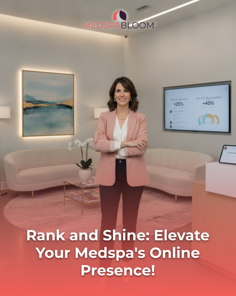Professional woman in a pink blazer stands with arms crossed in a modern reception area with a MedSpa Bloom logo above.
