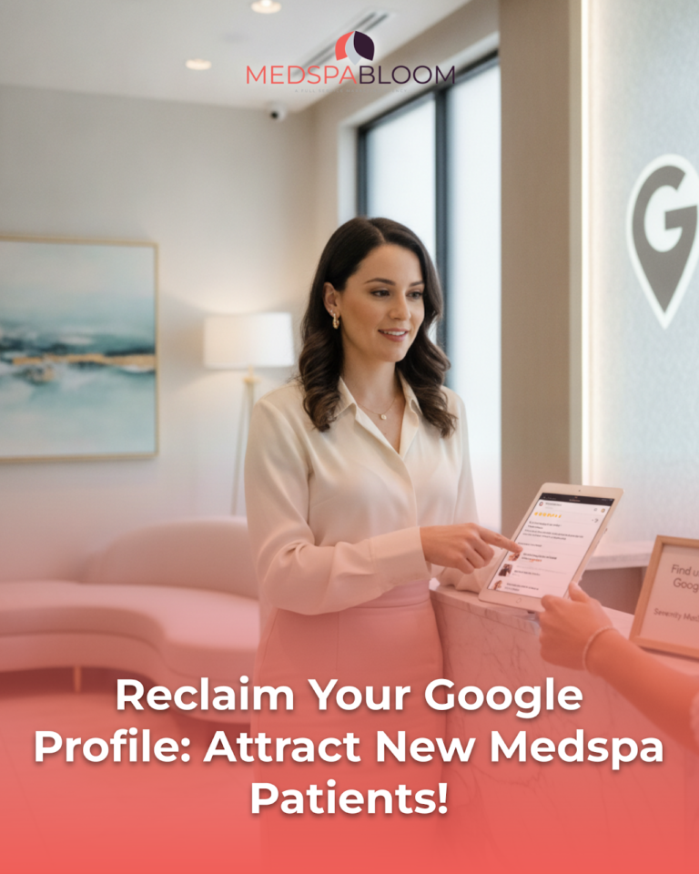Receptionist at a glossy check-in desk with a tablet, MedSpaBloom logo above, promoting Google profile optimization for a medspa.